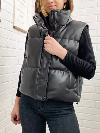 Autumn Winter PU Leather Coat Women Black Stand Collar Vests Women Fashion Zipper Elegant Short Vests Female Ladies