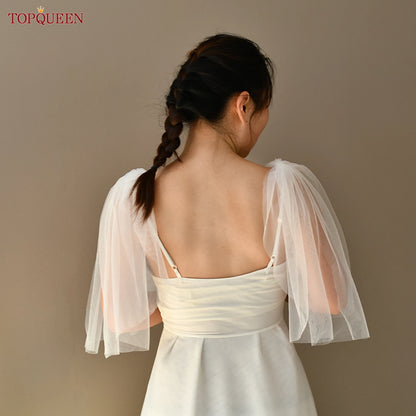 TOPQUEEN VG40 DIY Mini Shoulder Veil Wedding Veil Short Bride Jackets Bolero with Sleeves Bridesmaid Dress Decoration Evening