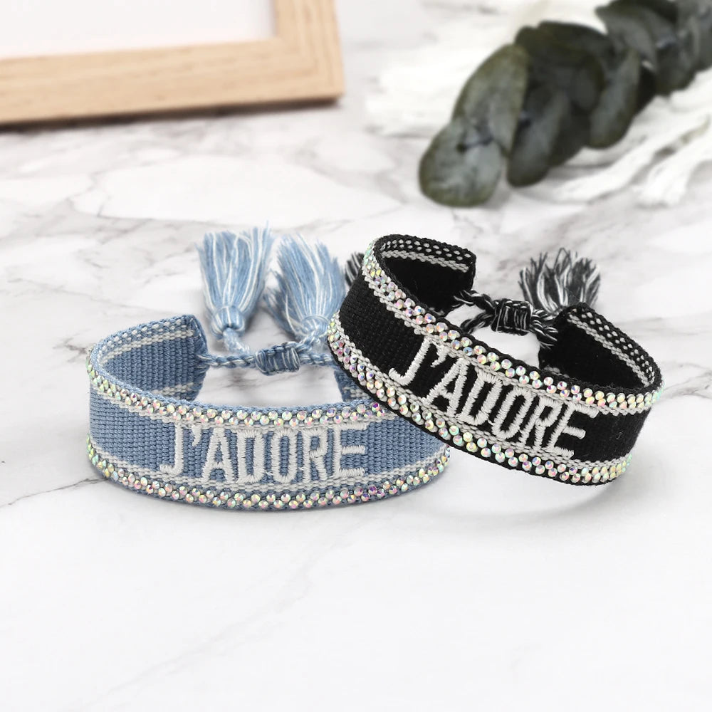 Rhinestone Embroidery Woven Bracelets Adjustable Rope Stackable Bangle For Women