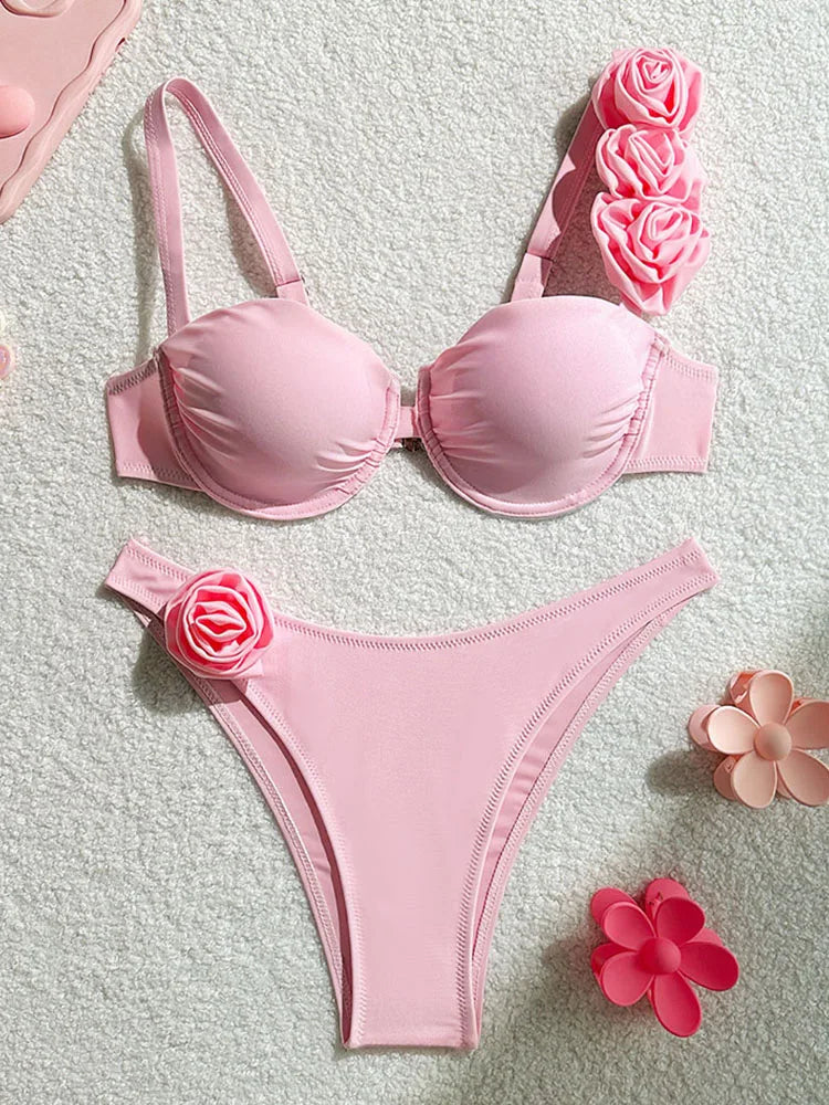 2025 New Sexy Bikini Set Women Swimsuit 3d Flower Strap Swimwear Push Up Thong Bathing Suit Underwire Biquini 2 Piece Beachwear
