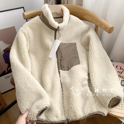 Women Lamb Wool Coats Jackets Stand Collar Zipper Coat Thick Warm Y2k Streetwear Jacket Work Outerwear Autumn Winter 2025