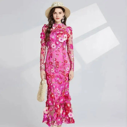 Designer Summer Autumn Flower Embroidery Lace Prom Evening Dress Women Mesh Tulle Bodycon Pencil Long Sleeve Midi Dresses Party