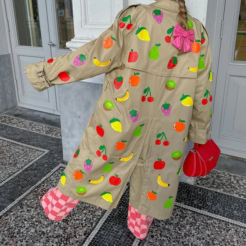 Fruit Pattern Print Wind Coat Single Breasted Turn-down Collar Long Coat Fashion Pocket Trench Coat 2025 Spring Lady Outerwear
