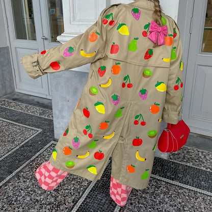 Fruit Pattern Print Wind Coat Single Breasted Turn-down Collar Long Coat Fashion Pocket Trench Coat 2025 Spring Lady Outerwear