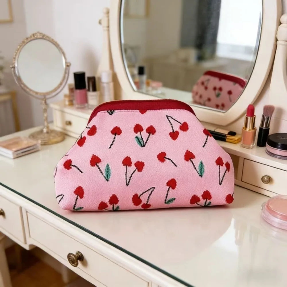 New women's cherry embroidery printed handbag, fashionable and convenient fly-knitted bag, versatile commuter cloud bag.