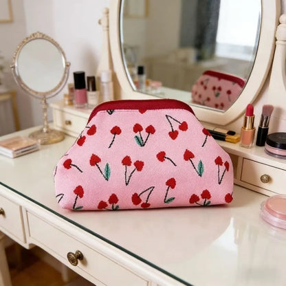 New women's cherry embroidery printed handbag, fashionable and convenient fly-knitted bag, versatile commuter cloud bag.
