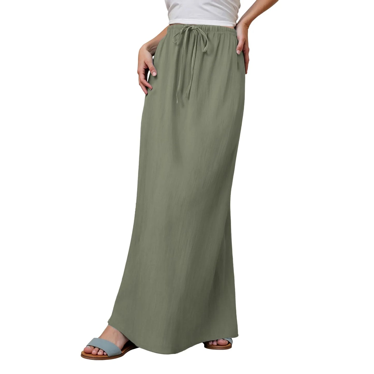 Women Summer Cotton Linen A Line Skirts Elastic Waist Drawstring Comfy Trendy Long Skirt Boho Beach Vacation Long Skirt