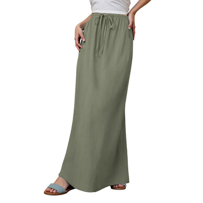 Women Summer Cotton Linen A Line Skirts Elastic Waist Drawstring Comfy Trendy Long Skirt Boho Beach Vacation Long Skirt