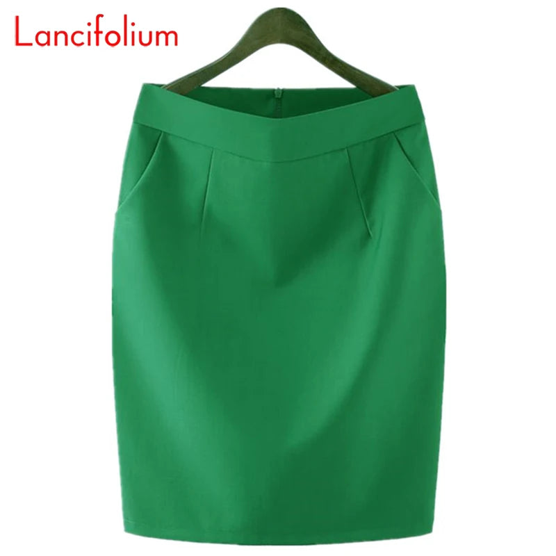 Knee Length Work Office High Waist Skirt Women Summer Vintage Formal OL Skirt Pocket Female Black Grey Bodycon Business Skirt