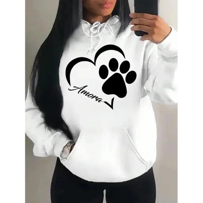 Love And Little Cat Foot Creative Print Women Hoody Fashion Autumn Sweatshirt Pocket Hoodie Sport Style Comfortable Pullover