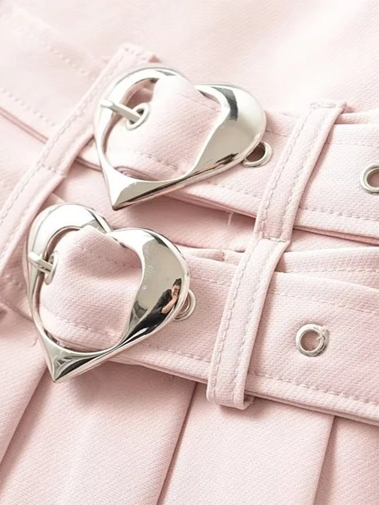 Women Summer New Fashion Hot Sweet Slim Pleated Super Short Skirt Cute Chic Heart Belt Mini Skort Streetwear Shorts Skirts