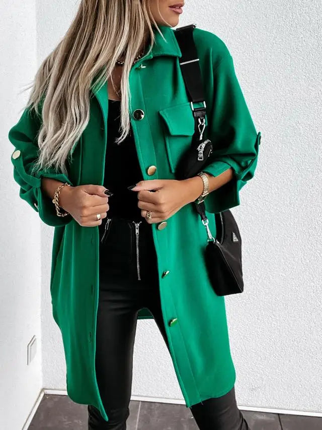 Women's Clothing Autumn and Winter New Fashion Commuter Pocket Solid Color Sleeve Button Decoration Long Shirt Coat
