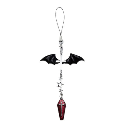Black Punk Y2K Phone Pendant Chain Keychains Cool Girl Beaded Charm with Cross Coffin Grave for Phone Camera Bag Pendant