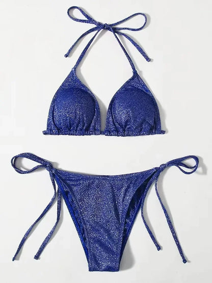 2025Sexy Bikini Set Shiny Triangle Bikinis Bandage Swimsuit Women Two Piece Swimwear Summer Biquini New Beachwear Push Up Bikini