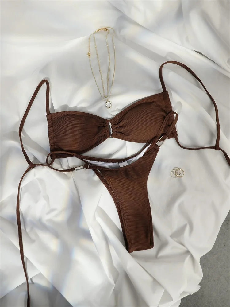 Miyouj String Bikinis Solid Color Swimsuit Women Sexy Swimwear Patchwork Bathing Suit Printed Biquini Thongs Swimming Wear Beach