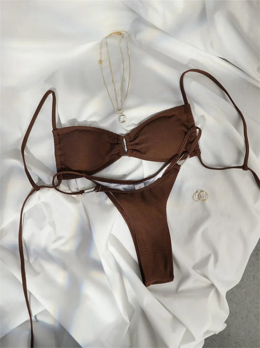 Miyouj String Bikinis Solid Color Swimsuit Women Sexy Swimwear Patchwork Bathing Suit Printed Biquini Thongs Swimming Wear Beach