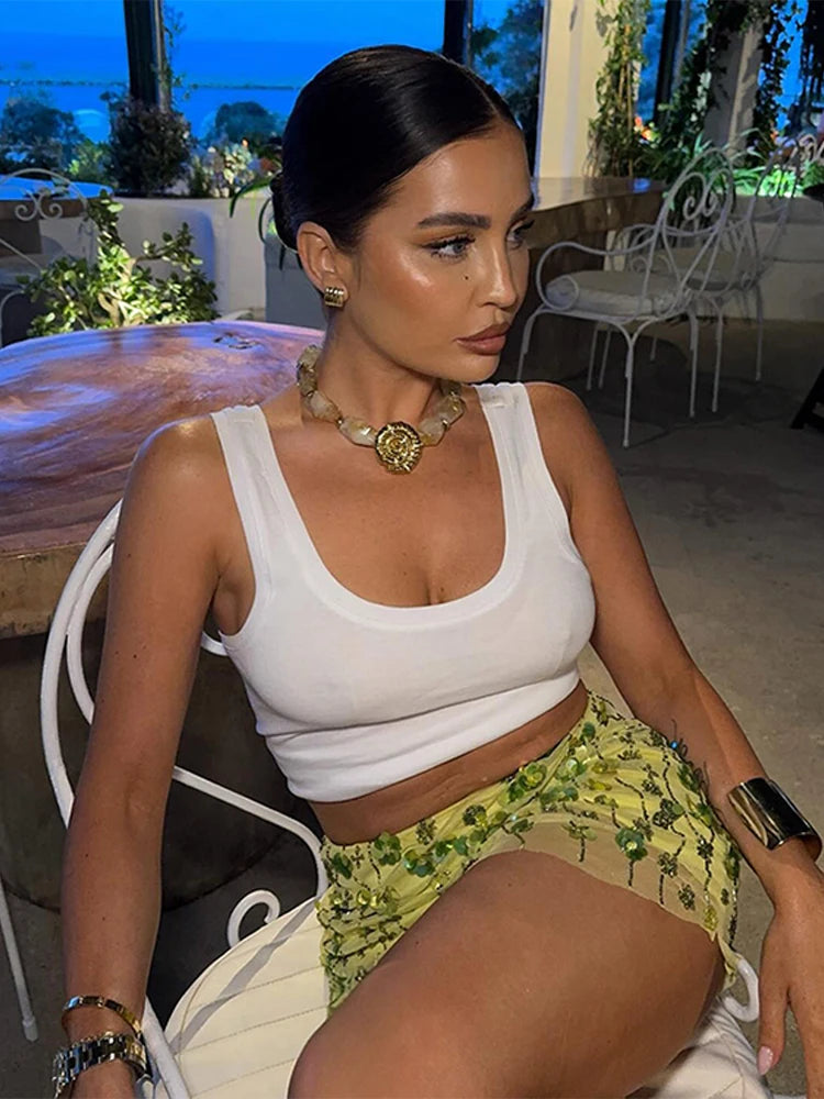 Chic Sequins Beads Women's Mini Skirt Fashion Lace Patchwork Slim A-line Skirts Female 2025 Summer New Lady Beachwear Holiday