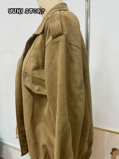 Chic Suede Bomber Jackets Women Loose Lapel Zipper Long Sleeve Pockets Female Coats 2025 Autumn Lady Commute Outwear New