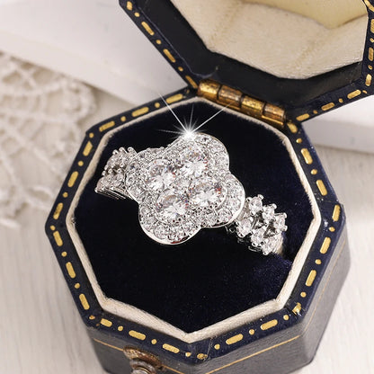 Fine Jewelry Four-Leaf 18k White Gold Plated Diamond Ring For Women S925 Sterling Silver Engagement Wedding Jewelry Gift