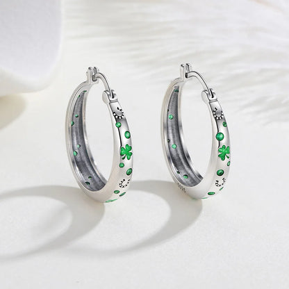 925 Sterling Silver Lucky Clover Hoop Earrings Green CZ Pave & Horseshoe Design St. Patrick's Day Earring For Women Jewelry Gift