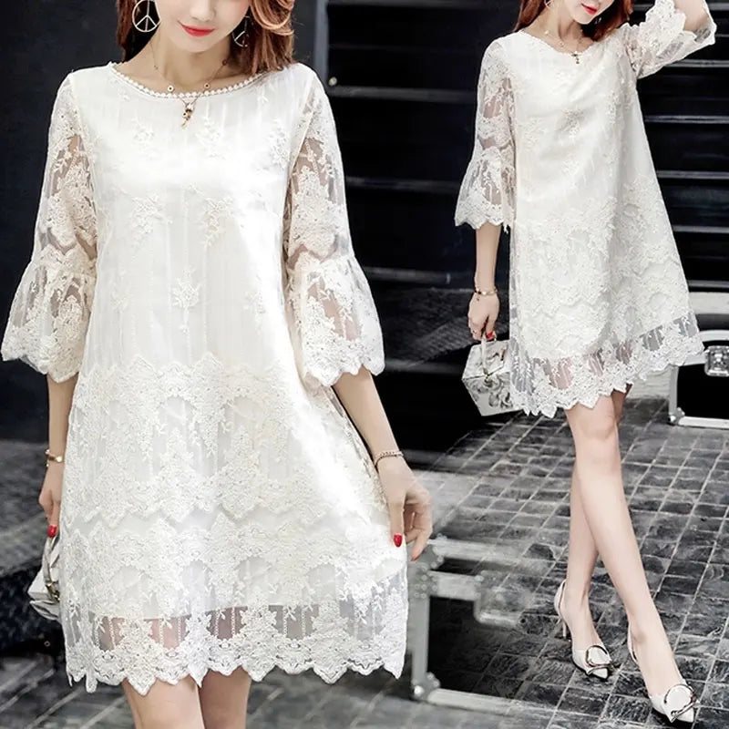 Women's Clothing Elegant Lace Patchwork Midi Dress O-Neck Spring Summer 3/4 Sleeve Commute A-Line Fashion Hollow Out Dresses New