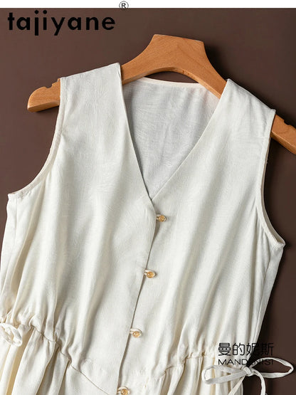 TAJIYANE 100% Mulberry Silk Dress Woman Summer 2025 Long Tank Dresses Vacation V-neck White Frocks Ladies Clothes Robes Longues