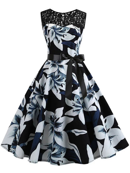 Lace Patchwork Floral Print Women Summer Dress Hepburn 50s 60s Elegant Vintage Dress Office Ladies A-Line Party Dresses Belt