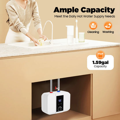 1500W Electric Hot Water Heater 6L/1.59Gal Mini Tank Water Heater Knob Control Compact Kitchen Undersink Water Heater