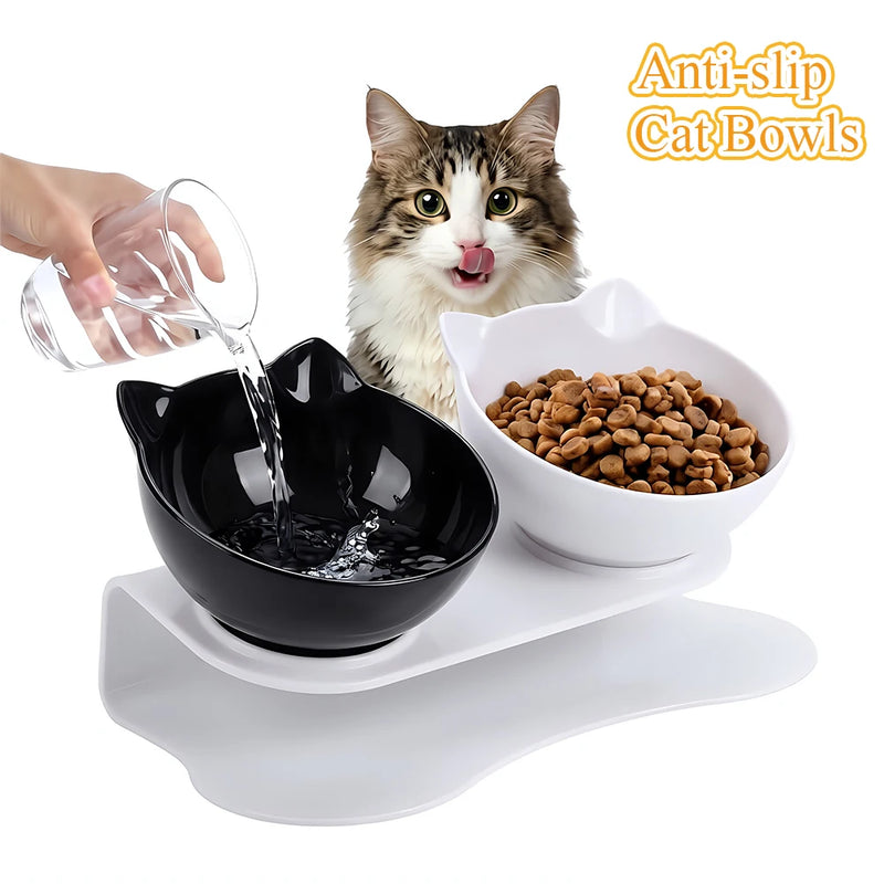 Cute Cat Ear Double Bowls for Cats Food and Water Raised Stand Kitten Feeding Bowl Cervical Protection Anti-Slip Pet Supplies