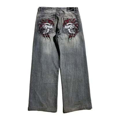 Y2K Baggy Jeans Women Cartoon Characters Embroidered Light Blue Washed Denim Jeans Harajuku Goth Skateboard Pants Street Clothes