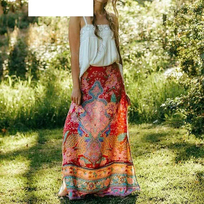 Boho Queens Peacock Women Vintage Floral Printed Tassel Beach Bohemian Maxi Skirts Ladies Elastic Waist Rayon Long Skirt