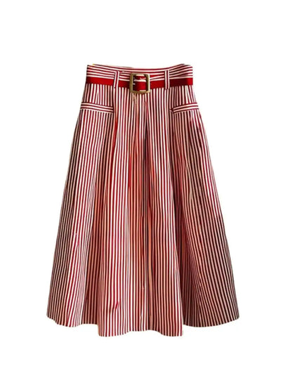 Red Striped Skirt Women Spring Summer High Waist A-Line Skirt Ladies Casual Mid-length Skirt With Belt