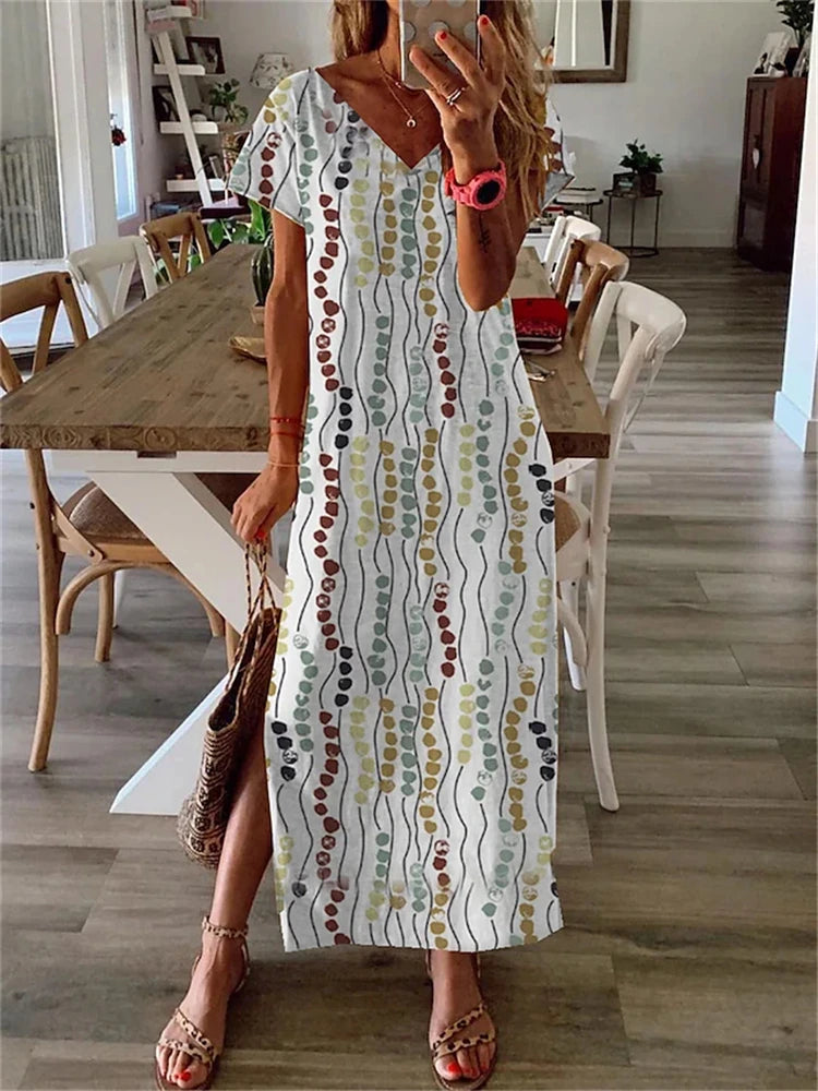 Simple Fashion Women's V-neck Dress Striped Print Women's Dress Summer Loose Comfortable Slit Women's Short-sleeved Dress