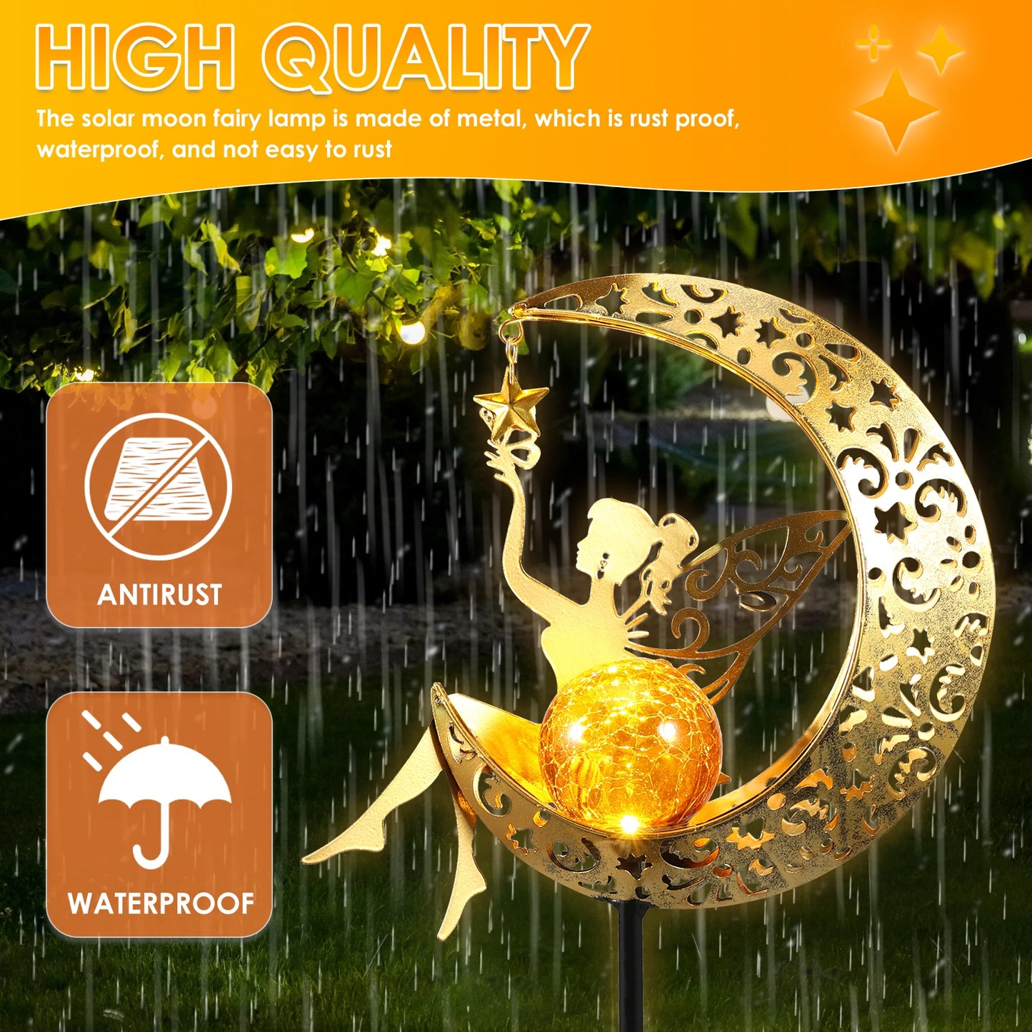 Solar Garden Lights Moon Fairy Crackle Glass Stake Lights Waterproof Warm White LED Metal Decorative Lights Outdoor Pathway