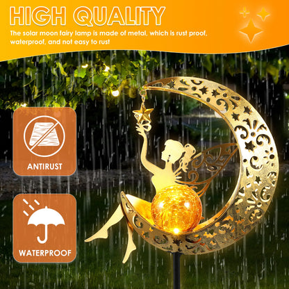Solar Garden Lights Moon Fairy Crackle Glass Stake Lights Waterproof Warm White LED Metal Decorative Lights Outdoor Pathway