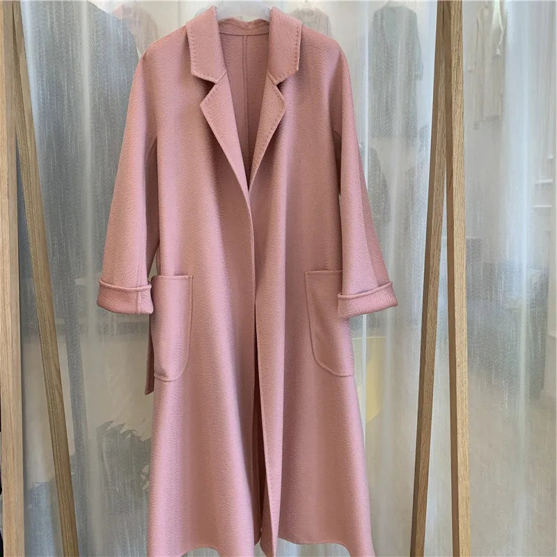 2023 Korean Women Handmade Corrugated Water Ripples Coat Double-sided Cashmere Wool Long Woolen Jacket Cashmere Coat Outerwear