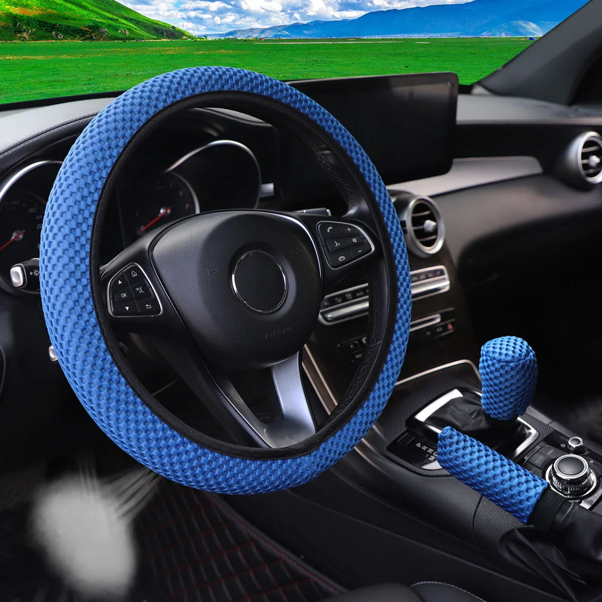 Three-piece three-dimensional breathable massage net car non-slip steering wheel cover, handbrake cover, gearshift cover