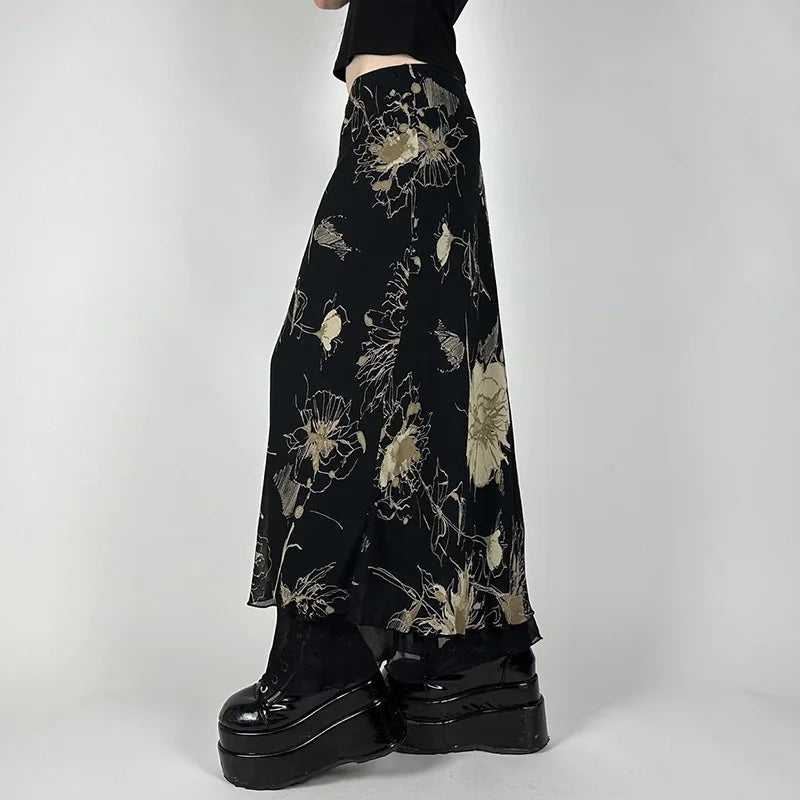 Goth Dark Y2K Aestheics Double Layer Mesh A-line Skirt Women Fashion Florals Print Slim Skirts Fairy Streetwear Gothic Bottoms
