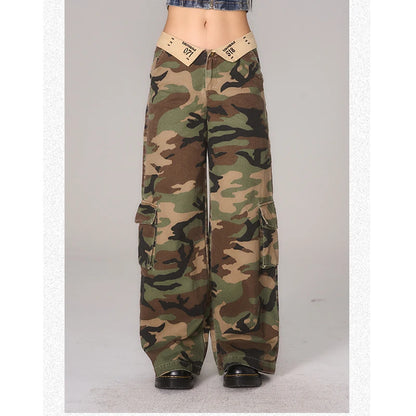 Green Women Jeans High Waist Fashion American Camouflage Y2K Streetwear Chic Wide Leg Jean Female Trouser Baggy Denim Pants