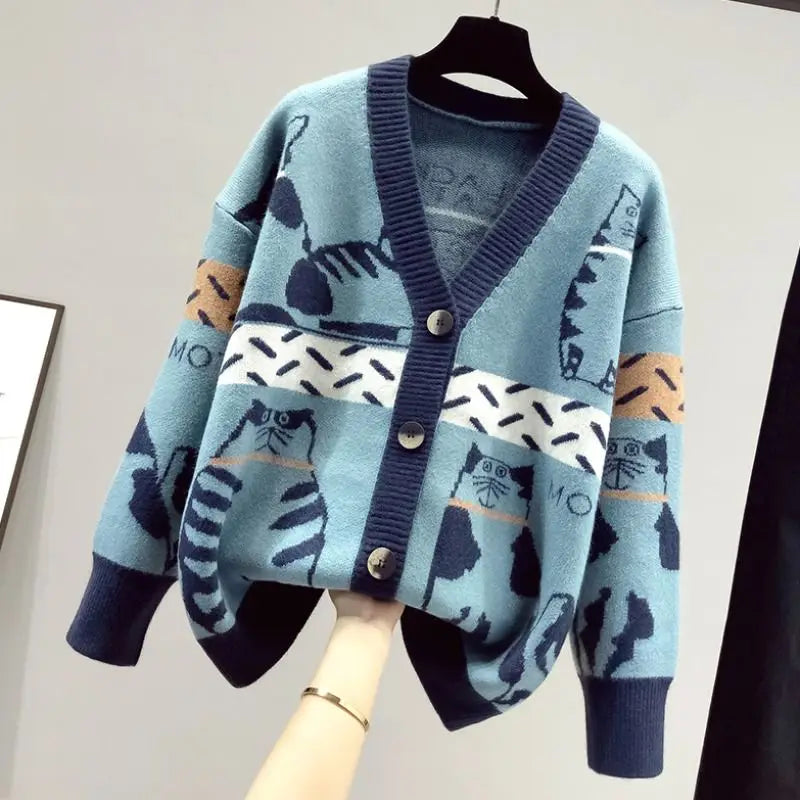 2023 Spring and Autumn New Cartoon Contrast Color Fashion Sweater Women's V-neck Knitted Cardigan Coat Trend