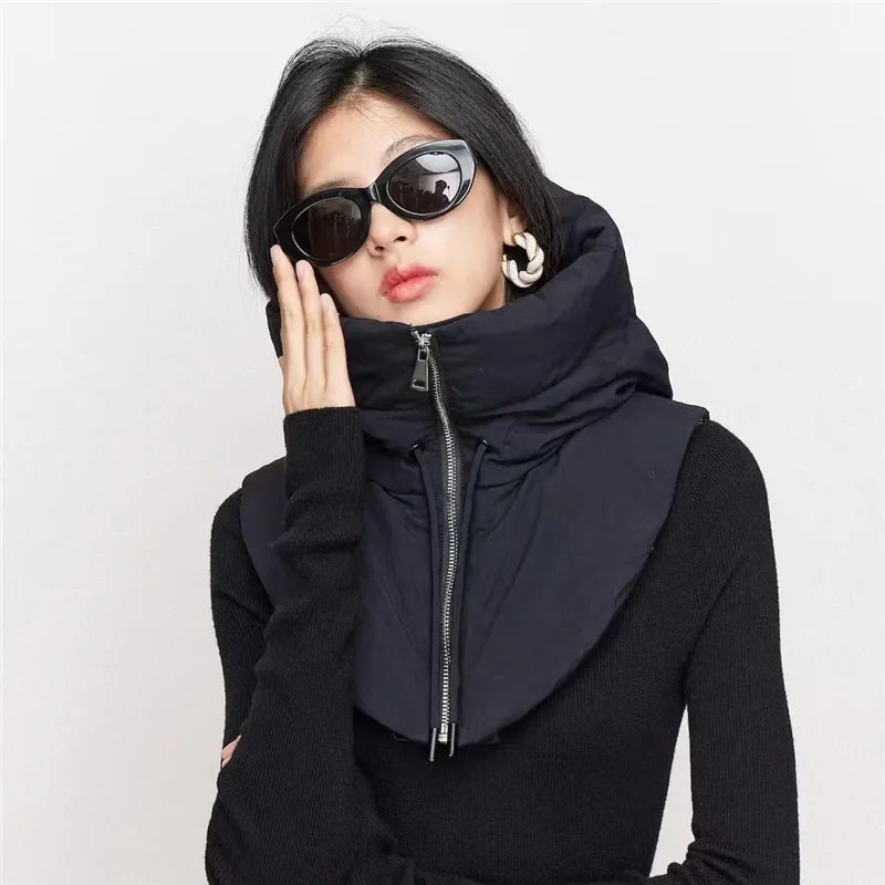 2024 New Winter Cotton Thickened Hooded Jacket Women Male Bracket Mock Collar Zipper Cape Beanies Casual Scarf Wind Snow Cap