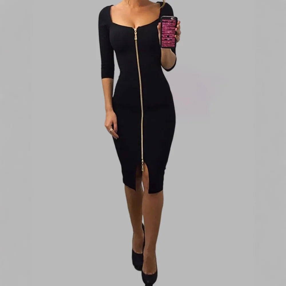 Summer Women Sexy Slim Wrap Dress Fashion Tight Skirts Square Neck Patchwork Zipper Solid Color Slim Fit Half Sleeve Party Dress