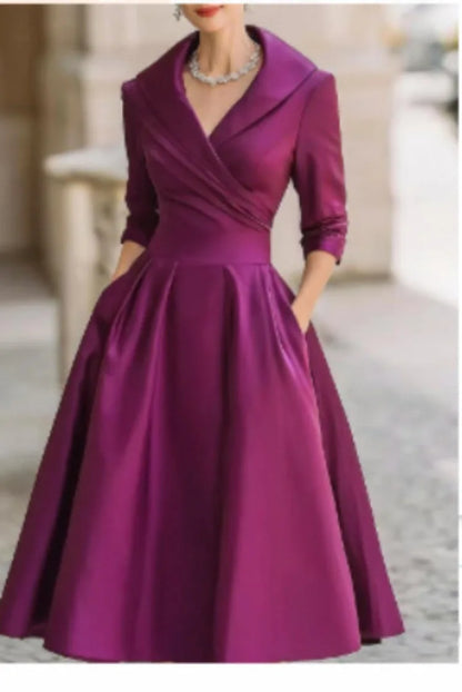 Elegant Solid Color Waist Cinching Sexy V-neck Dress Autumn Winter Women's Clothing New Long Sleeved Dress Pockets Ropa Mujer