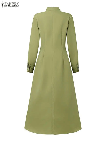 Women's Elegant A-Line Midi Dresses ZANZEA Casual Mock Neck Long Sleeve Button Up Long Dress 2025 Autumn Woman Clothing S-3XL