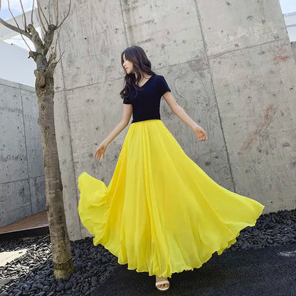 720 Degree Dance Skirt Pleated Long Skirt Women's Summer Solid Color High Waist Chiffon Long Skirt Large Swing Skirt