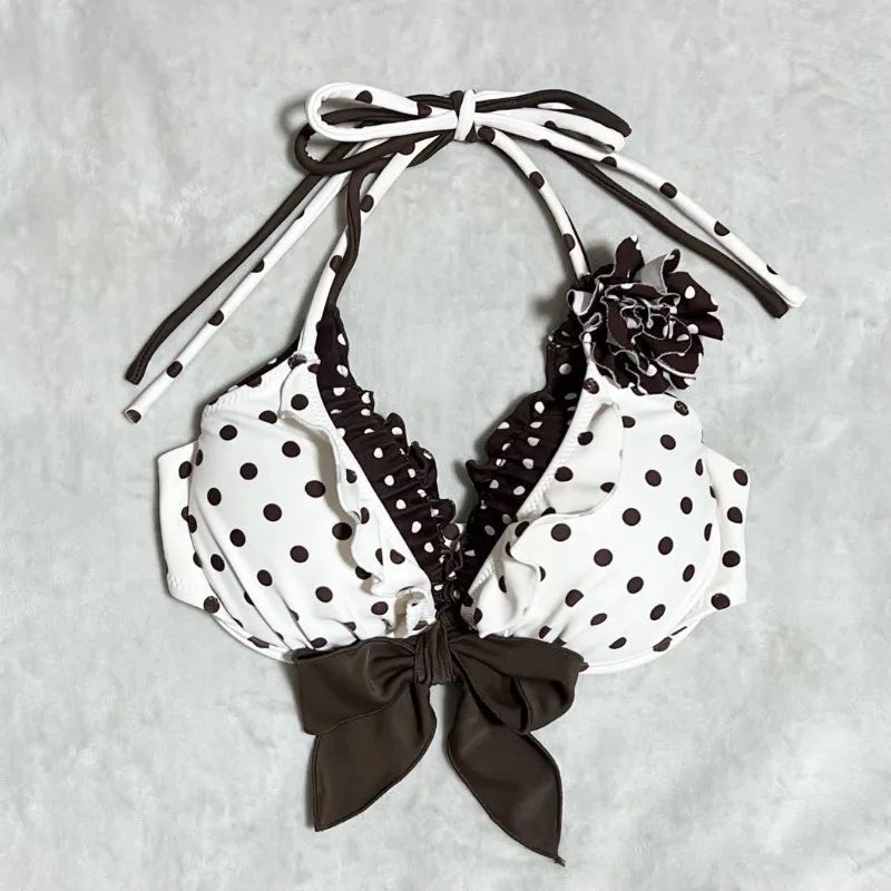 American INS Style New Cute Swimsuit Summer Fashion Sexy Halterneck Polka Dot Bow Tie Top Skirt Beach Y2k Three-piece Sets 2025