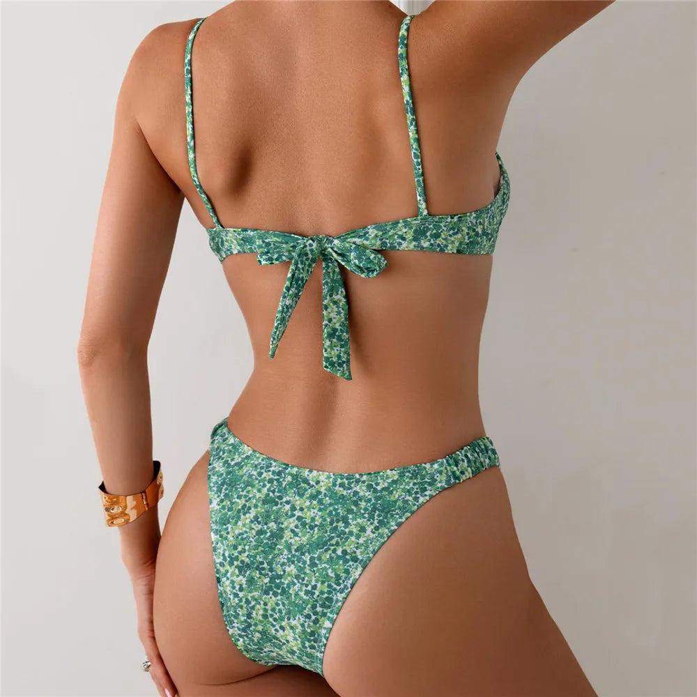 Pink Floral Print Lace-up Bikini Push Up Thong Sexy Swimsuit Women 2026 Holiday Back Knotted Swimwear Bathing Suit Bikinis Sets