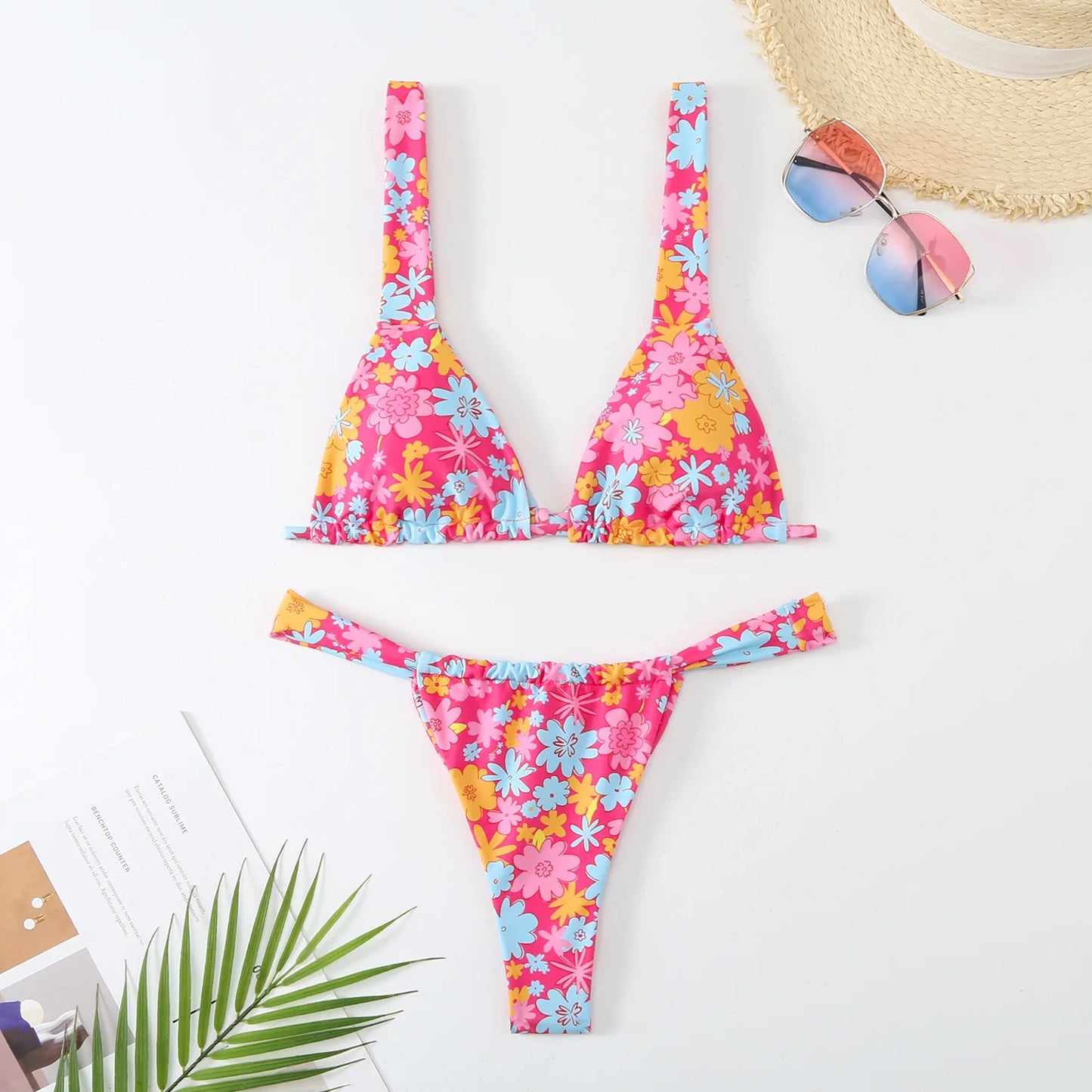 Lovely Flower Print Bikini Set Women 2024 Low Waist 2-piece Swimsuit Sexy Thong Swimwear Summer Beach Vacation Bathing Suit New