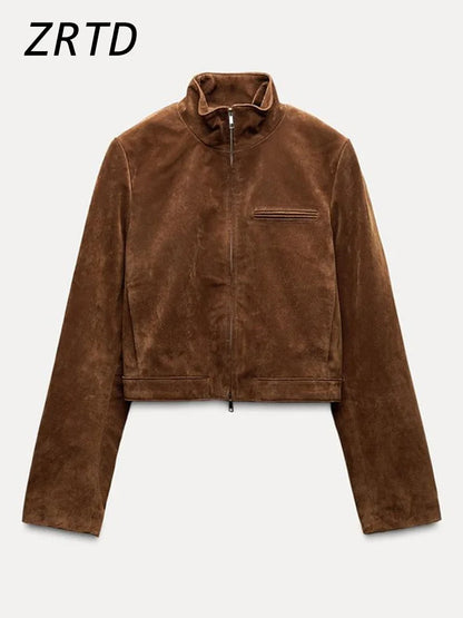 Street Women's Short Suede Jackets Stand Collar Zipper Full Sleeve Female Coats 2025 Autumn Lady Fashion Y2k Outwear New