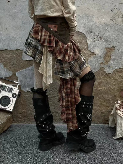 Women's Maillard Grid Splicing Skirt Y2K Irregular Stacked Japanese Harajuku Street Fashion Academy Retro Mini A-line Skirt 2024